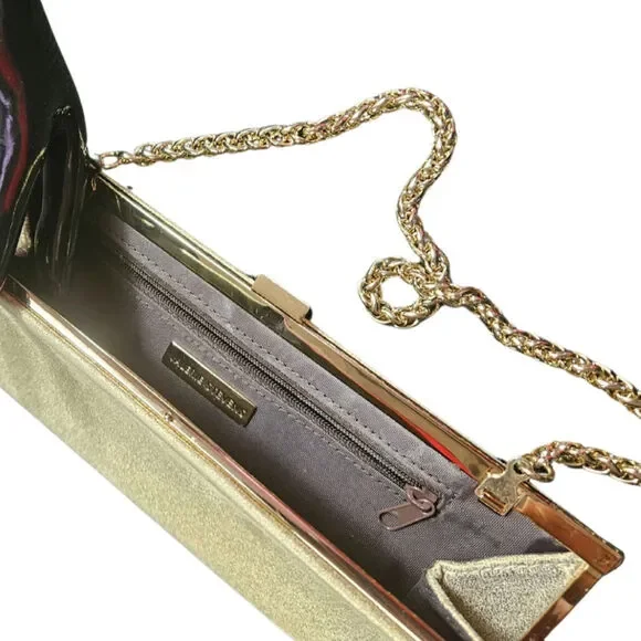 90s Suede Feels Gold Thin Clutch Hand bag Two In One Chain Strap Evening Bag - Picture 2 of 6